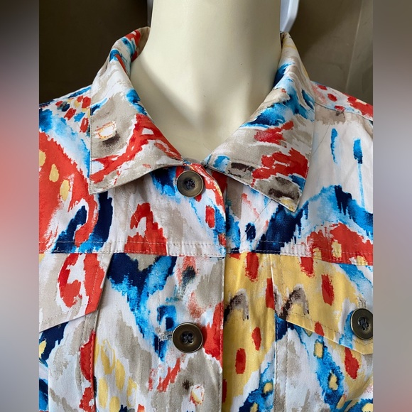 Chicos Womens Artsy cotton spandex multicolor jacket sz 2 ( M) Metal Button Up - Picture 15 of 15